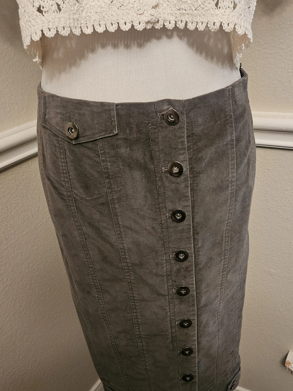 Byron Lars Green Button-Front Cord Pencil Skirt
